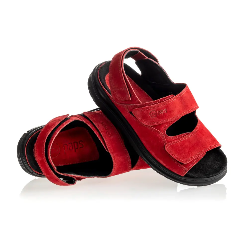 sandaly-na-plaskostopie-paps-zamsz-czerwone-1 Sandały na płaskostopie damskie, męskie PAPS czerwona skóra zamsz, szerokie paski na rzep, gumowa podeszwa, skórzana wkładka 3D, można wyjąć wkładkę i stabilnie zamieścić indywidualna wkładkę korygującą