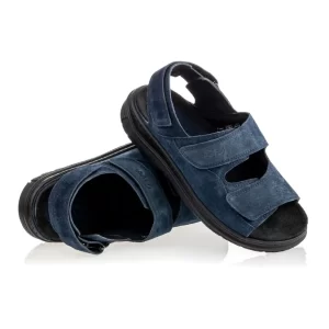 Marka PAPS 5 Sandały na płaskostopie damskie, męskie PAPS granatowa skóra zamsz, szerokie paski na rzep, gumowa podeszwa, skórzana wkładka 3D, można wyjąć wkładkę i stabilnie zamieścić indywidualną wkładkę korygującą