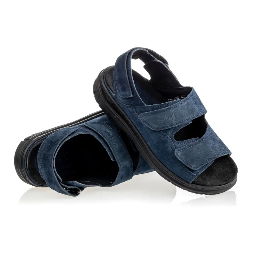 sandaly-na-plaskostopie-paps-zamsz-granatowe-1 Sandały na płaskostopie damskie, męskie PAPS granatowa skóra zamsz, szerokie paski na rzep, gumowa podeszwa, skórzana wkładka 3D, można wyjąć wkładkę i stabilnie zamieścić indywidualną wkładkę korygującą