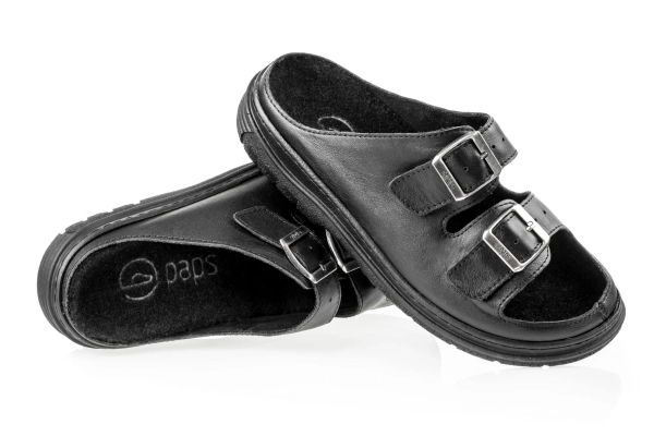 Marka PAPS 2 Sandały na płaskostopie damskie, męskie PAPS granatowa skóra zamsz, szerokie paski na rzep, gumowa podeszwa, skórzana wkładka 3D, można wyjąć wkładkę i stabilnie zamieścić indywidualną wkładkę korygującą